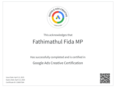 fathimathul fida freelance digital marketing strategist in kannur. certificates