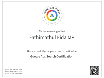 fathimathul fida freelance digital marketing strategist in kannur. certificates
